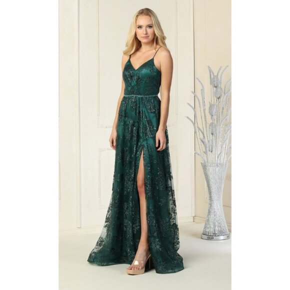 Hunter Green Evening Long V-Neck Sleeveless A-Line Dress By May Queen MQ1787